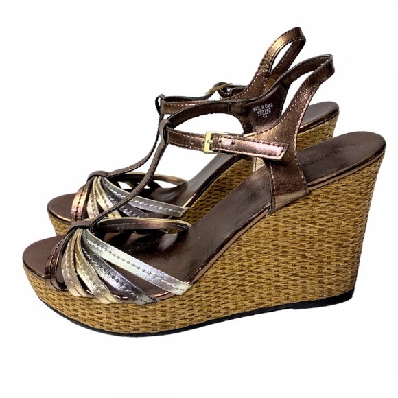 Montego Bay Club Metallic Gold, Bronze & Silver Strappy Wedge Sandals Size 9 - Picture 16 of 16